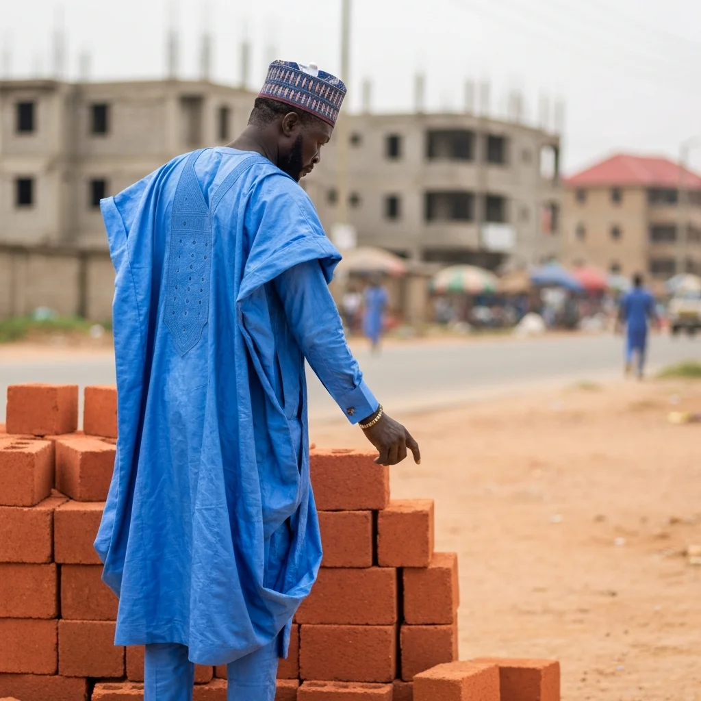 Man looks at blocks.
