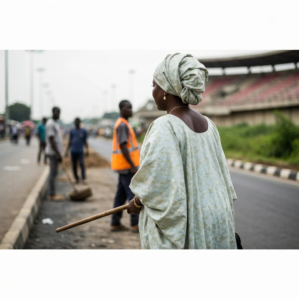 Woman walks by Lagos road works.