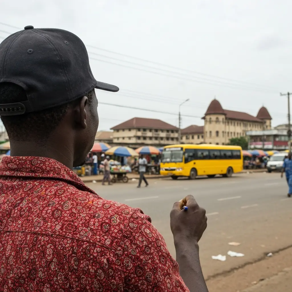 Lagos street scene with buses and vendors.