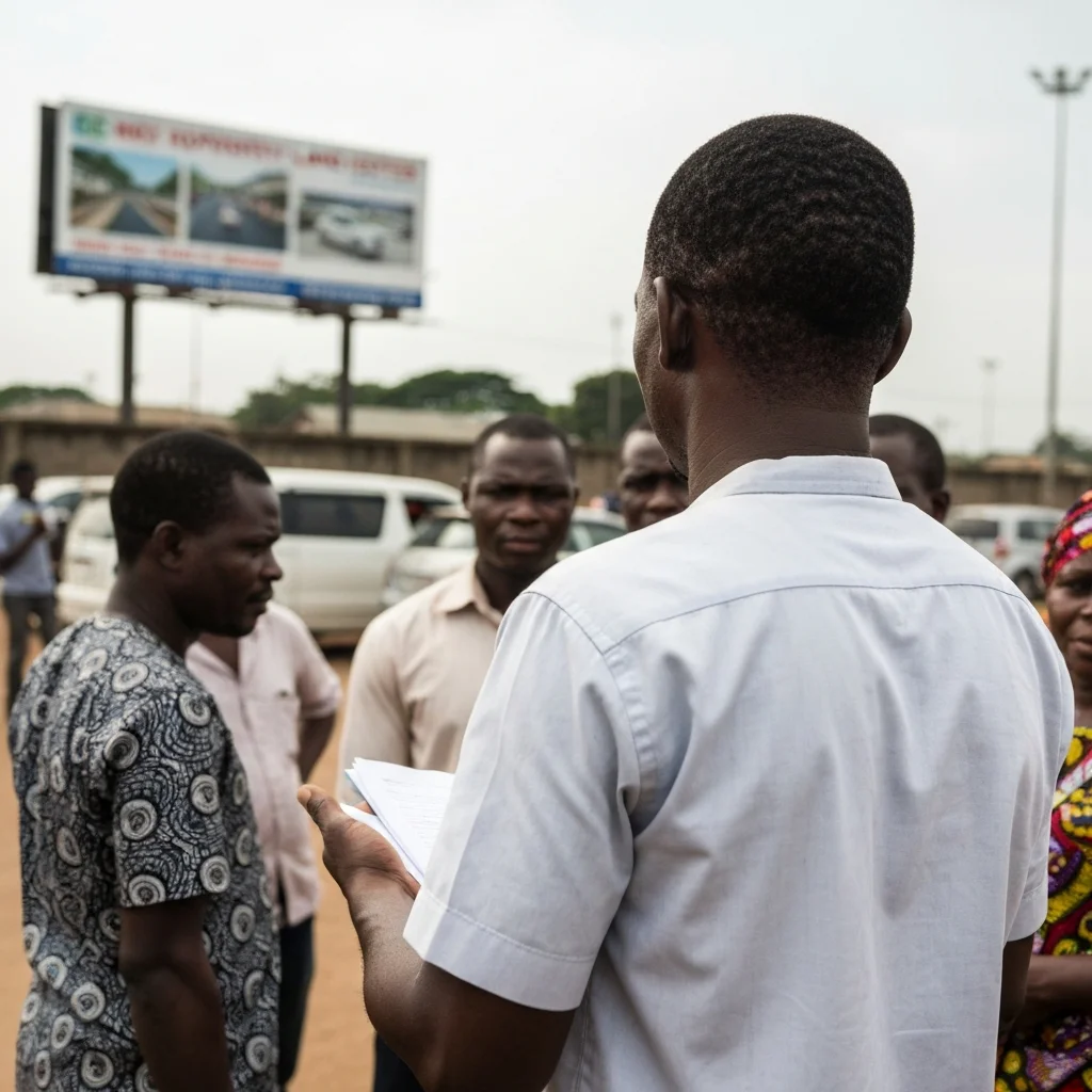 Man near people and billboard in Lagos.