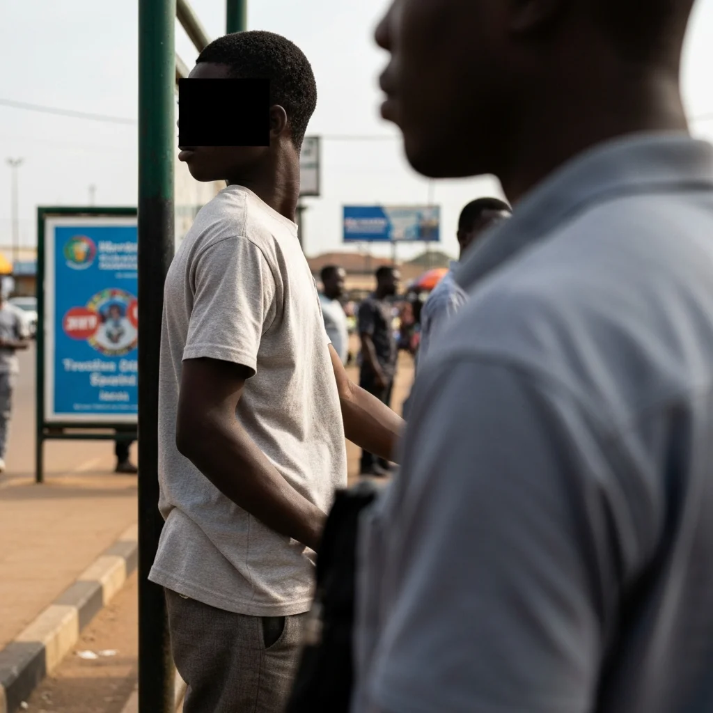 Man at bus stop in Ibadan, Nigeria.
