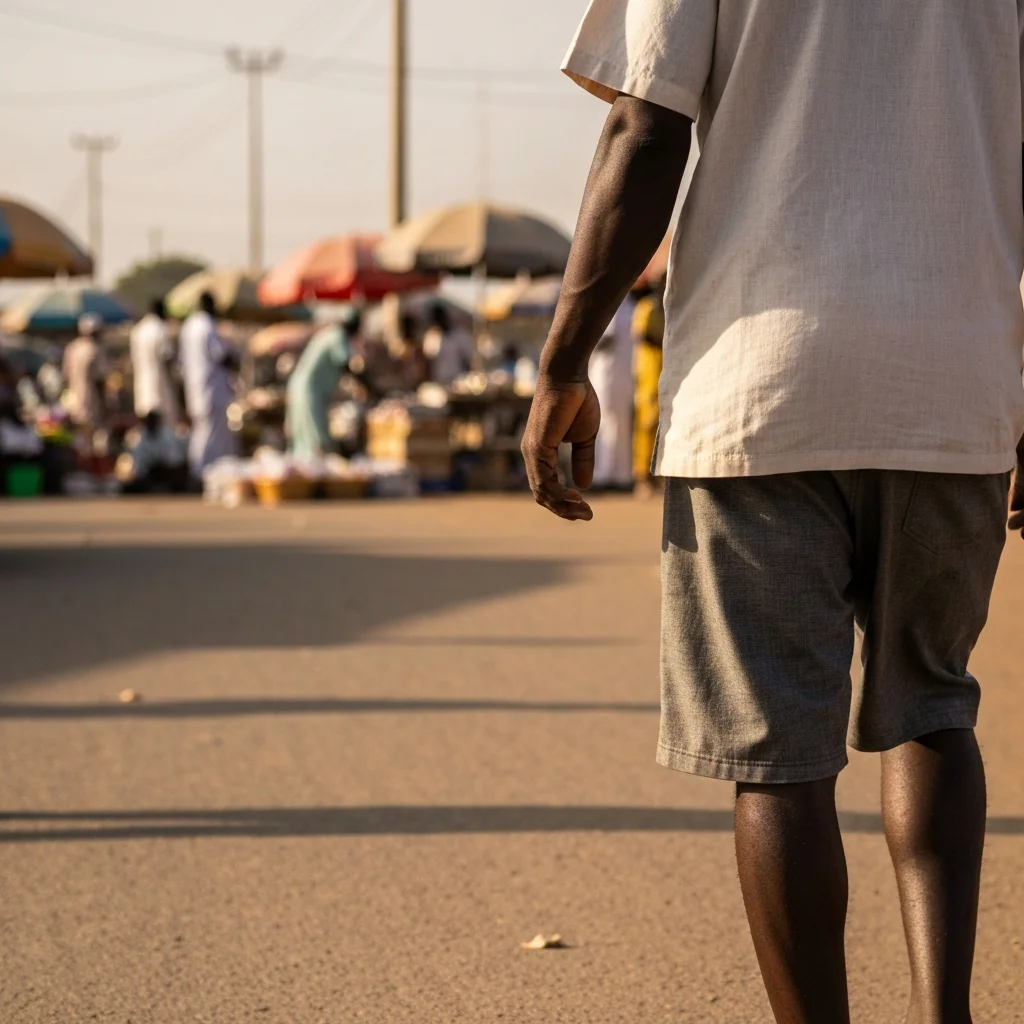 Person walks a dusty road past Kano market scene.