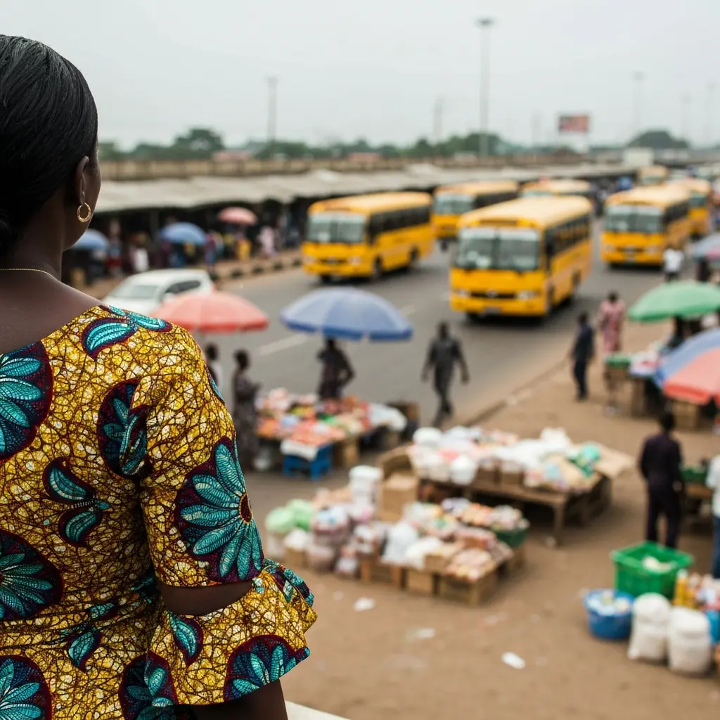 Person watches yellow buses near market stalls.