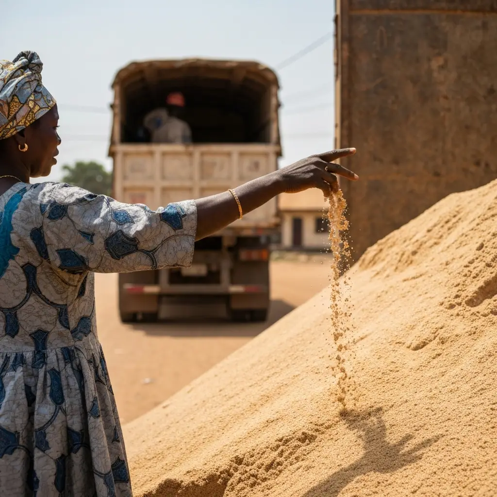 Woman points to sand pile.