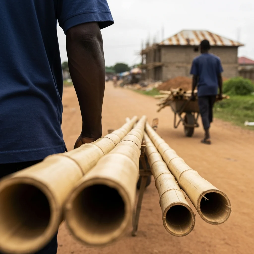 Man pushes bamboo in wheelbarrow.