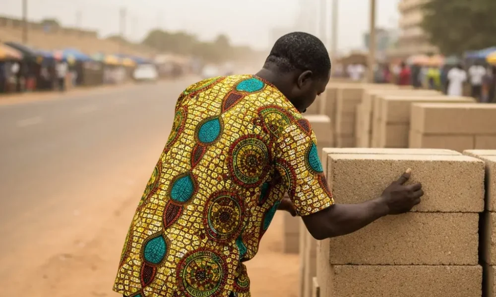 Man looks at roadside blocks.