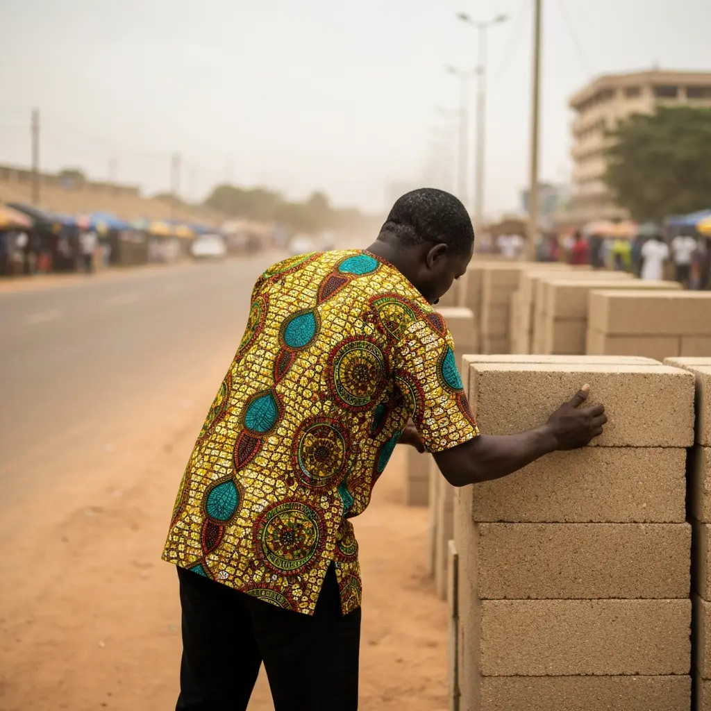 Man looks at roadside blocks.