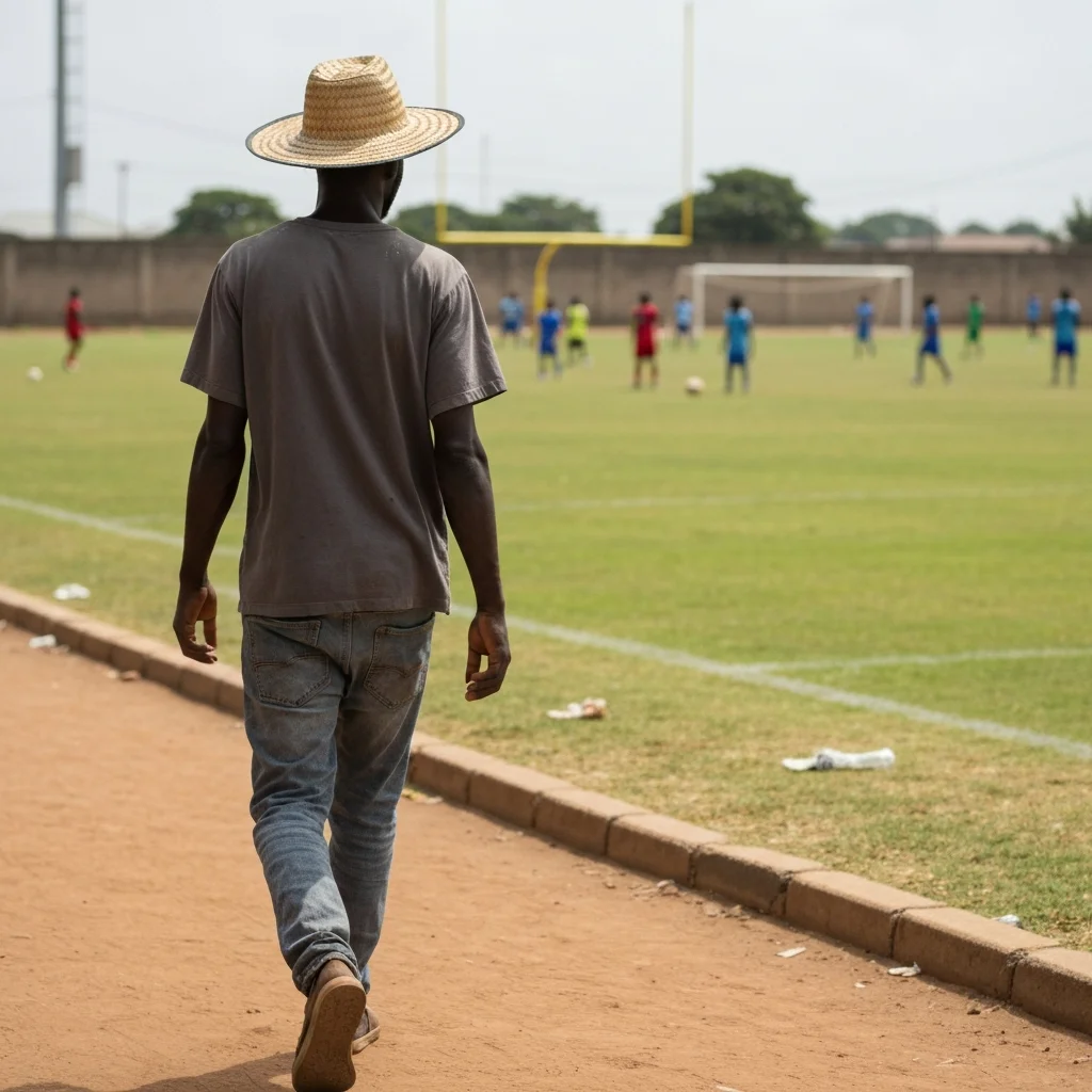 Man with hat walks by field.