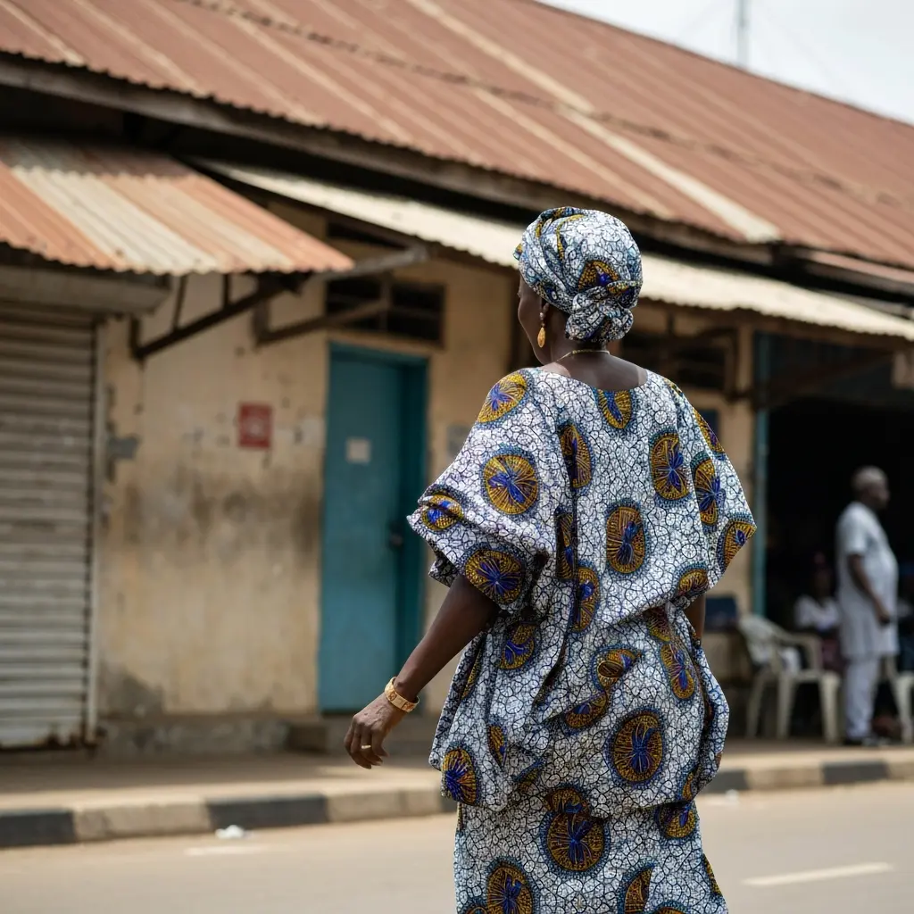 Woman walks busy street in Nigeria.