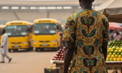Man looks at distant buses.
