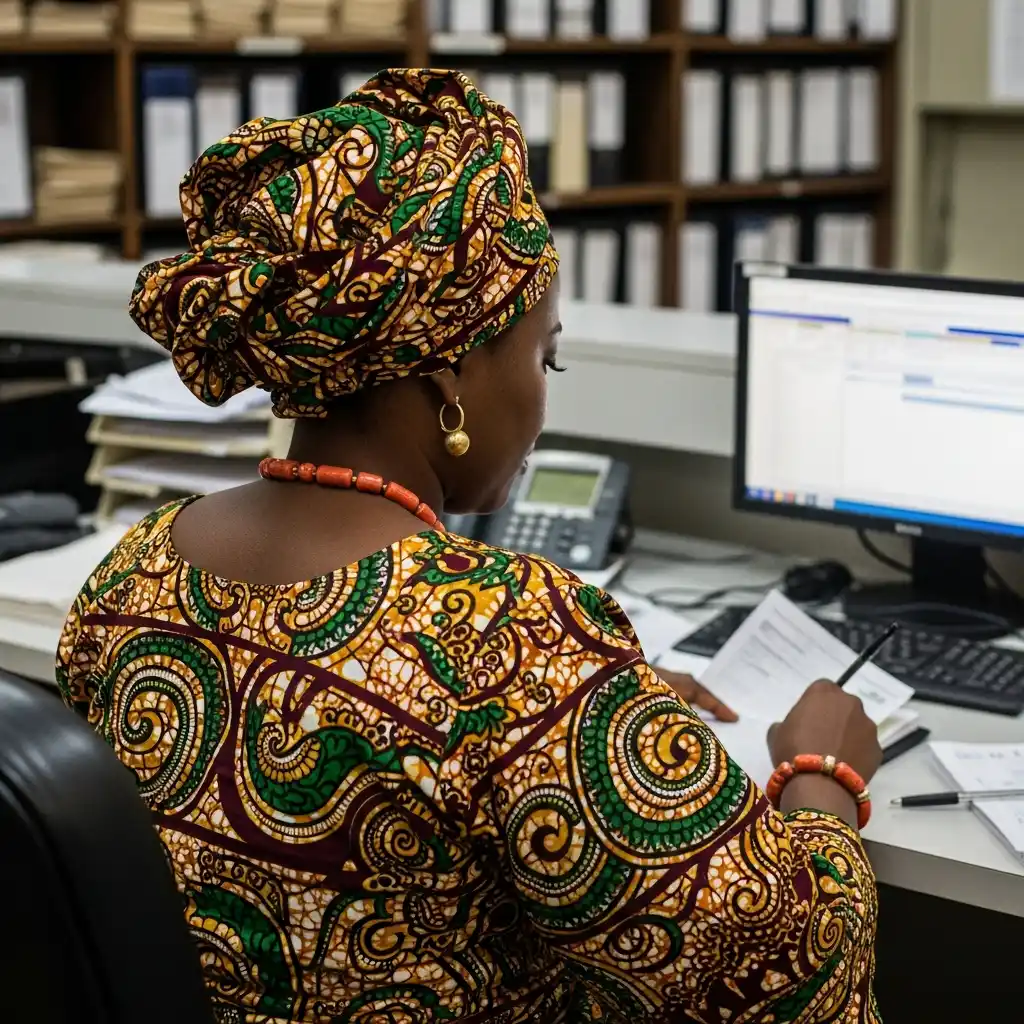 Woman reviews land document in Lagos registry.