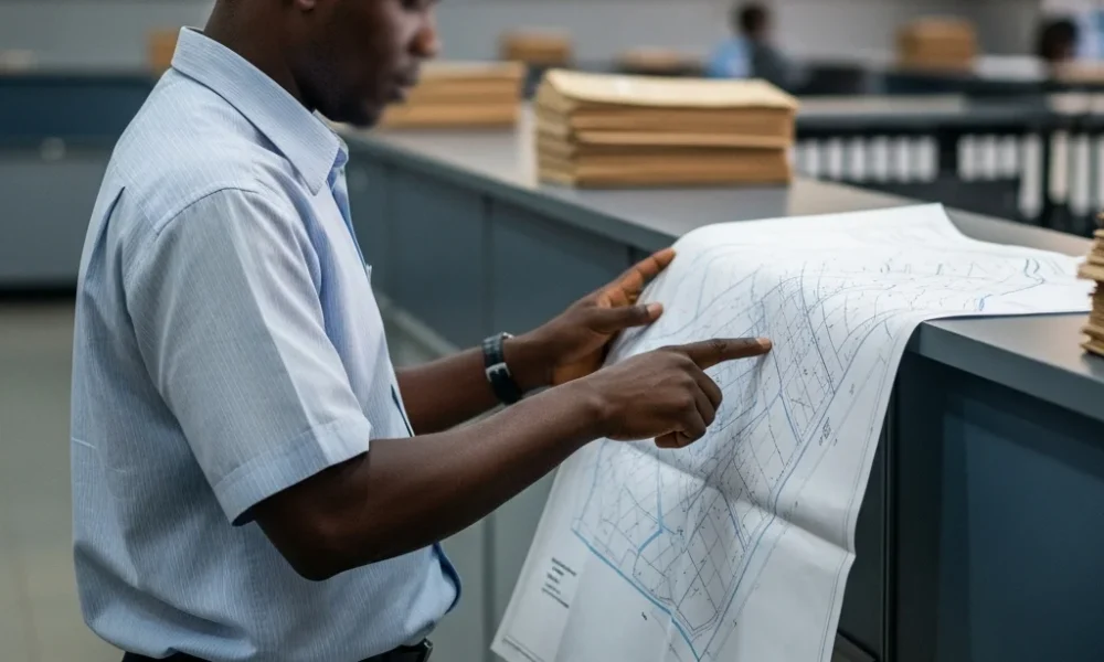 Man reviews survey plan at Lagos Land Registry counter.
