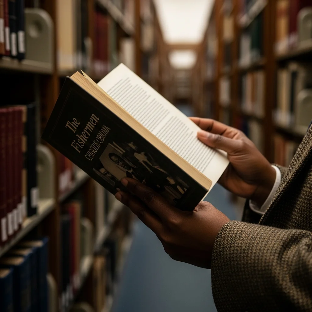 Hands turn page in Obioma's 'The Fishermen'.