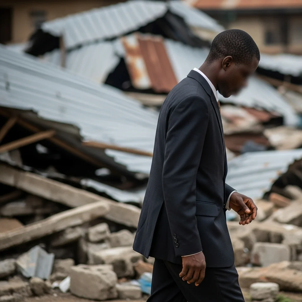 Man walks from collapsed church roof.