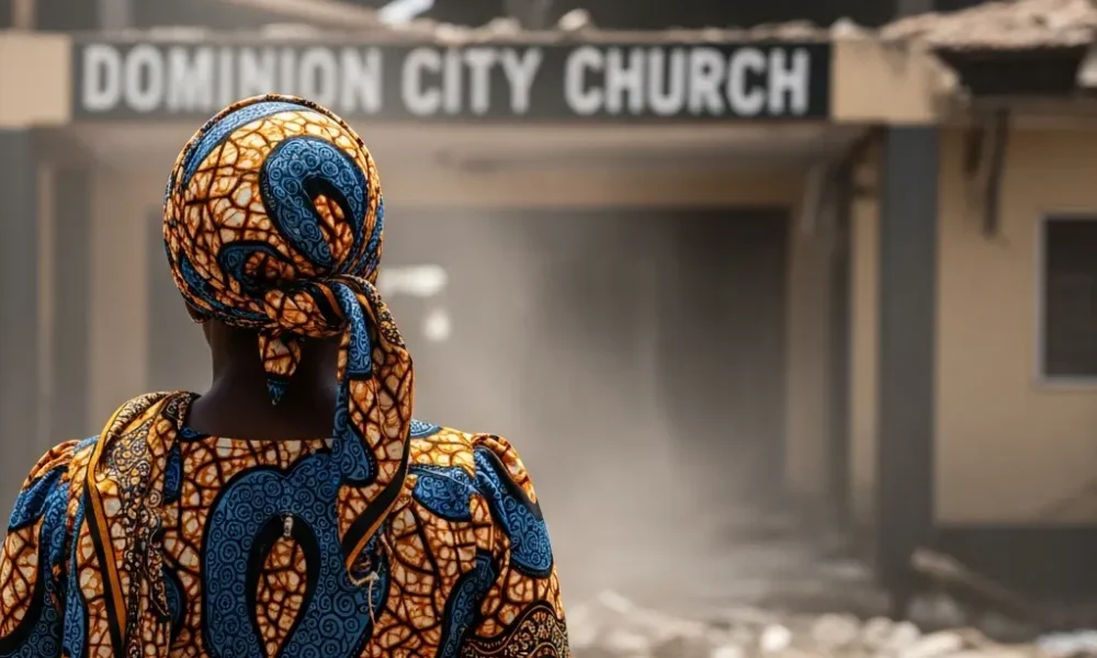 Woman in Ankara near damaged church.