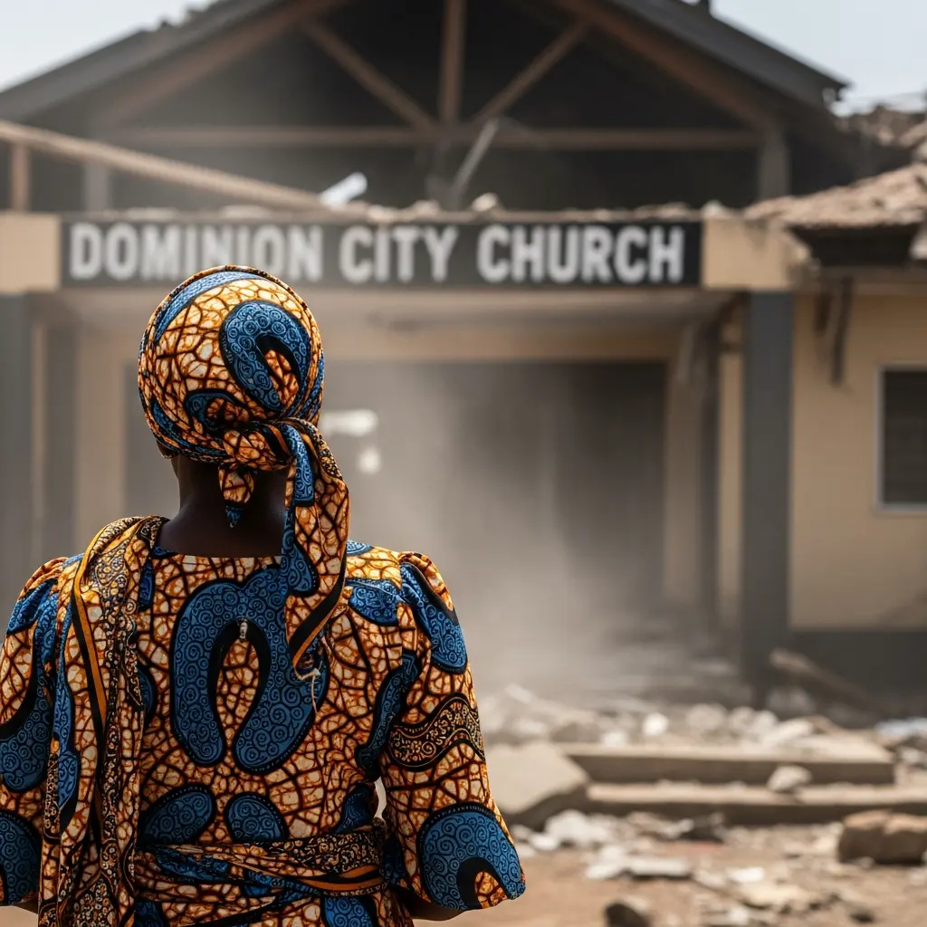 Woman in Ankara near damaged church.