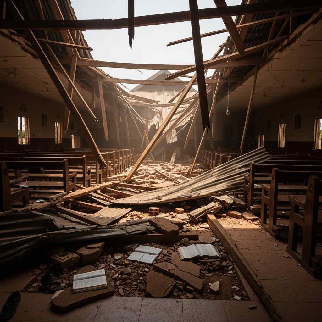 Church roof mid sermon documentary image showing aftermath scene