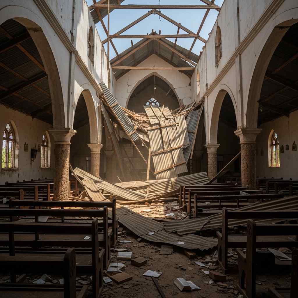 Church roof mid sermon documentary image showing aftermath scene