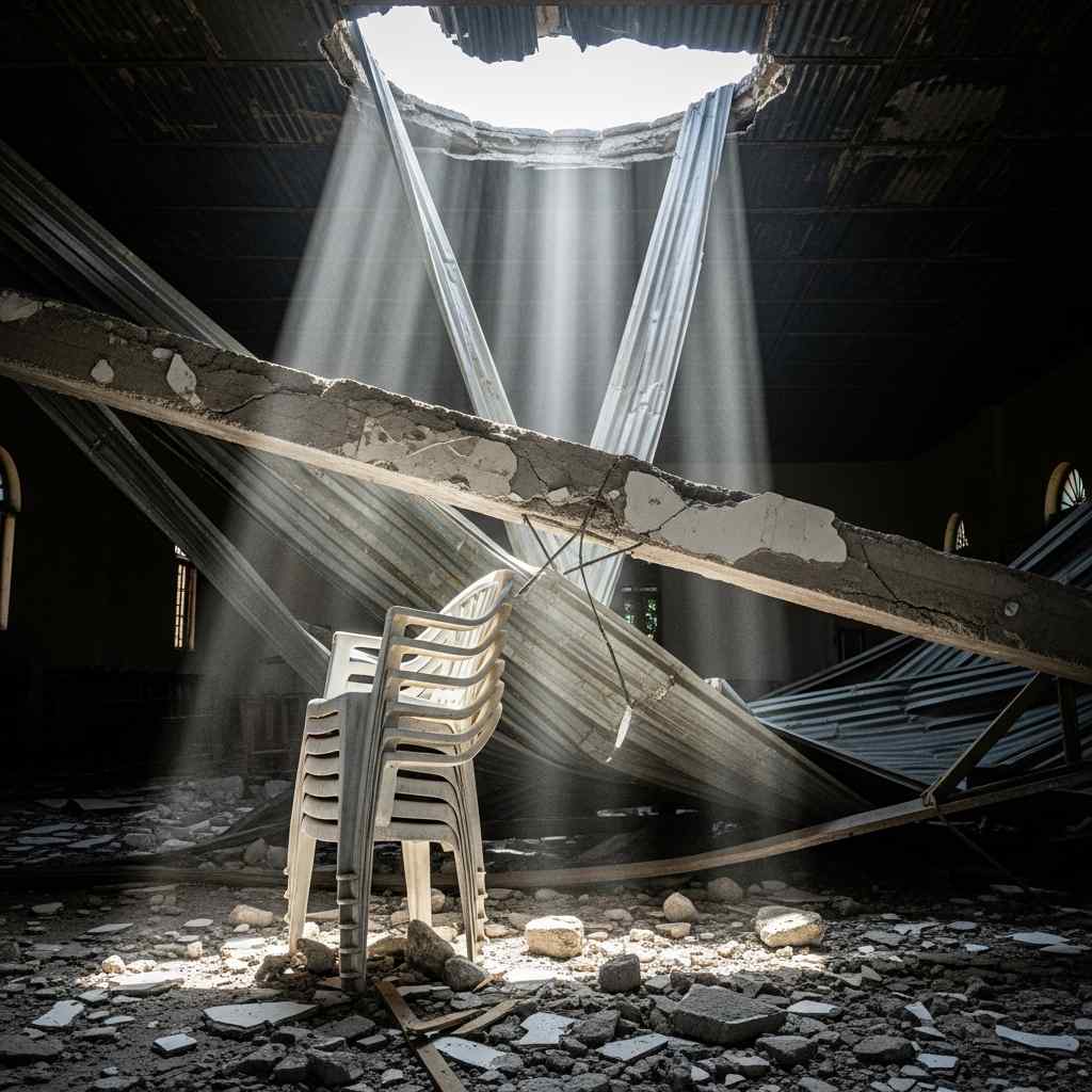 A white plastic chair is flattened under a large concrete beam amidst debris hall