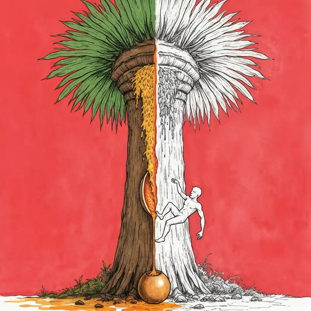 Palm wine tapper on tree. Ghostly figure falls on other side.
