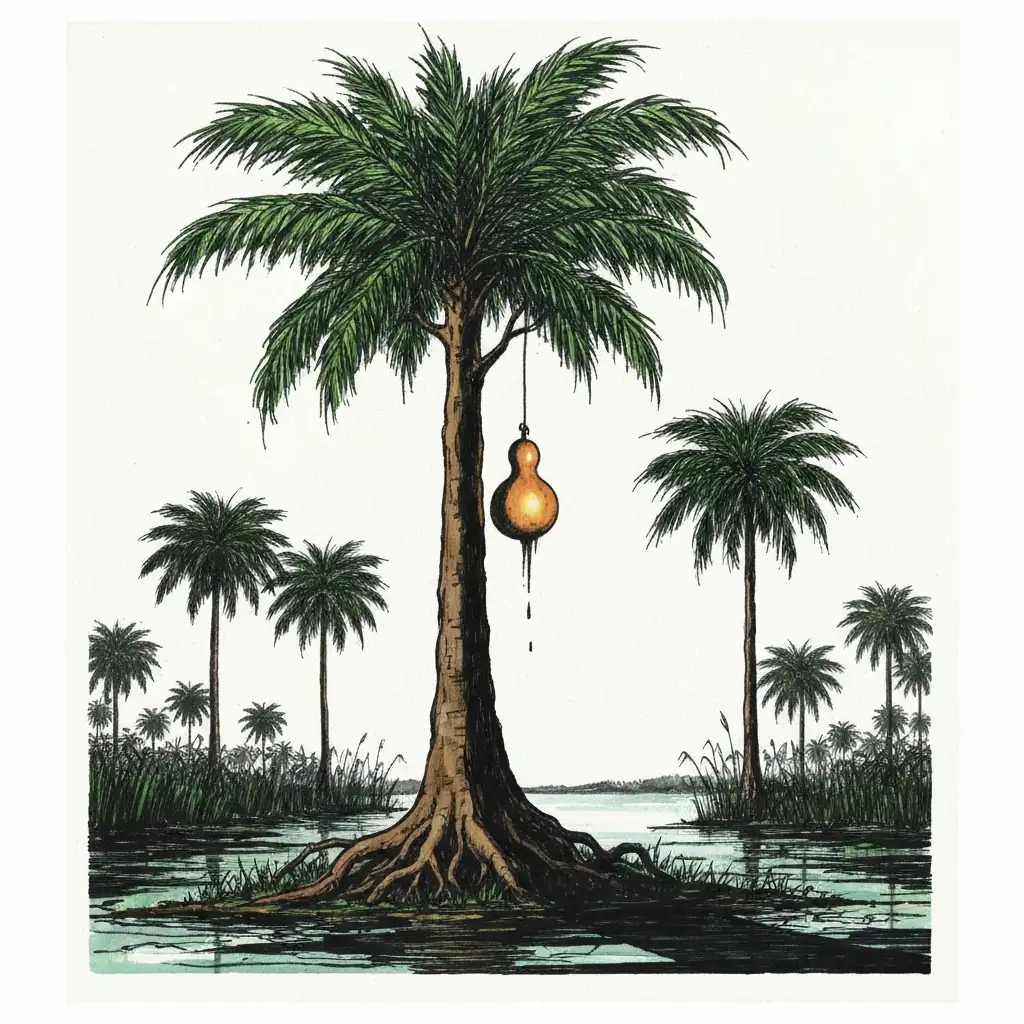 Palm wine tapper climbs tall tree. A gourd hangs high.