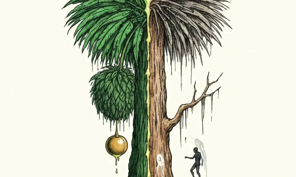 Palm tree, half alive, half dead, a falling figure.