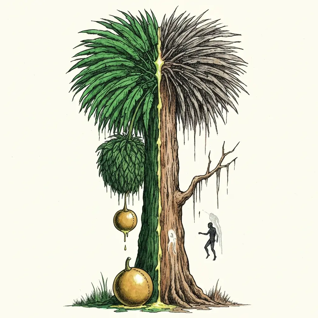 Palm tree, half alive, half dead, a falling figure.