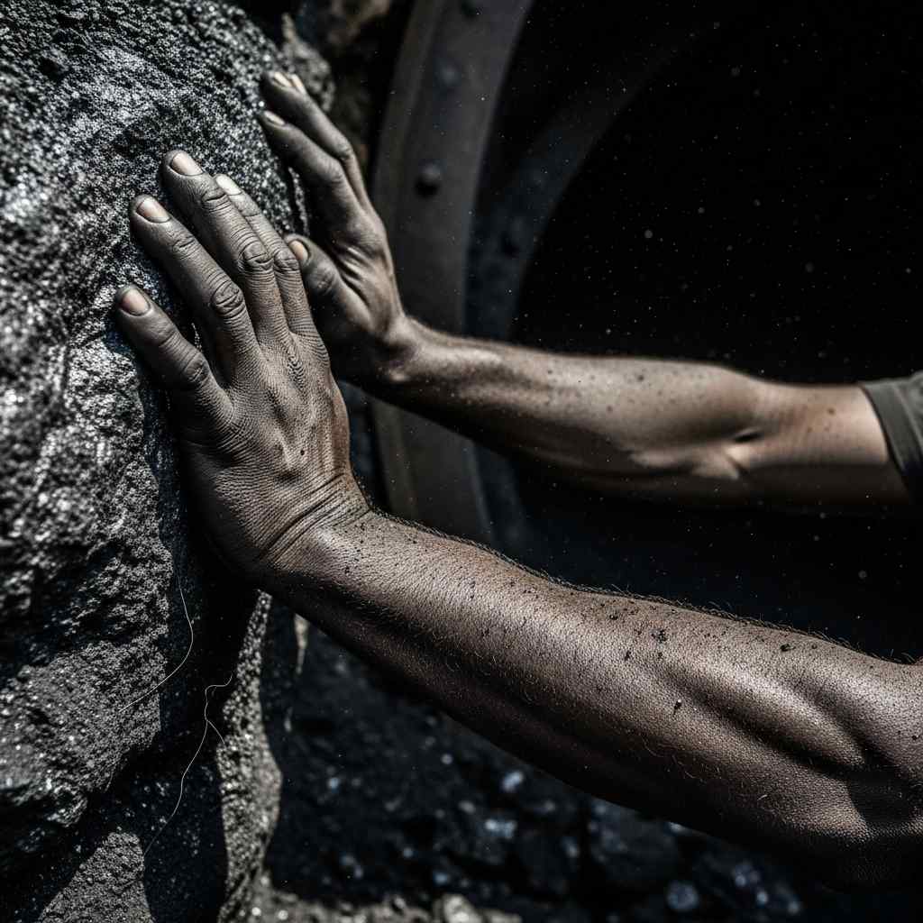 Dust-covered hands gripping dark rock at a mine entrance