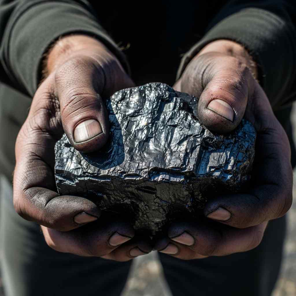 Hands covered in coal dust holding a piece of coal