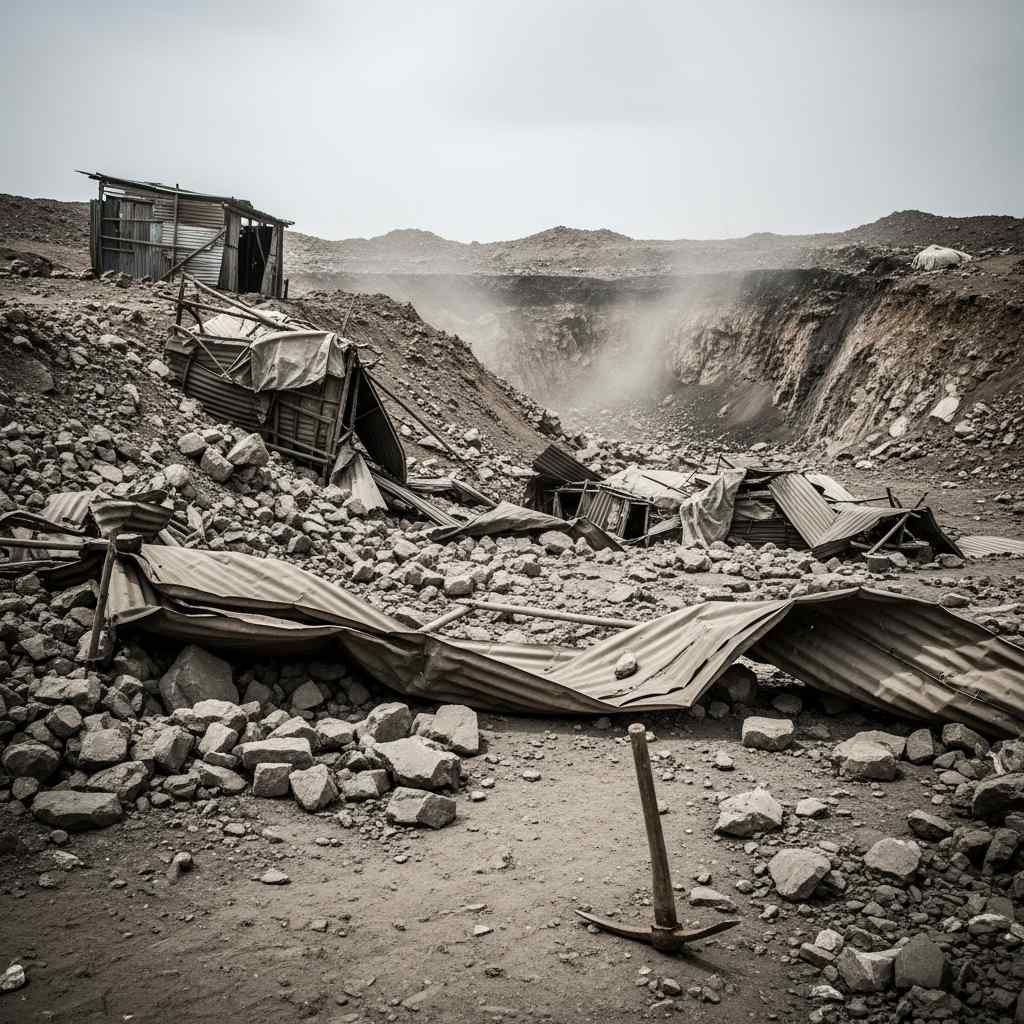 Close-up of coal-dusted hands gripping a dark rock surface at a mine entrance