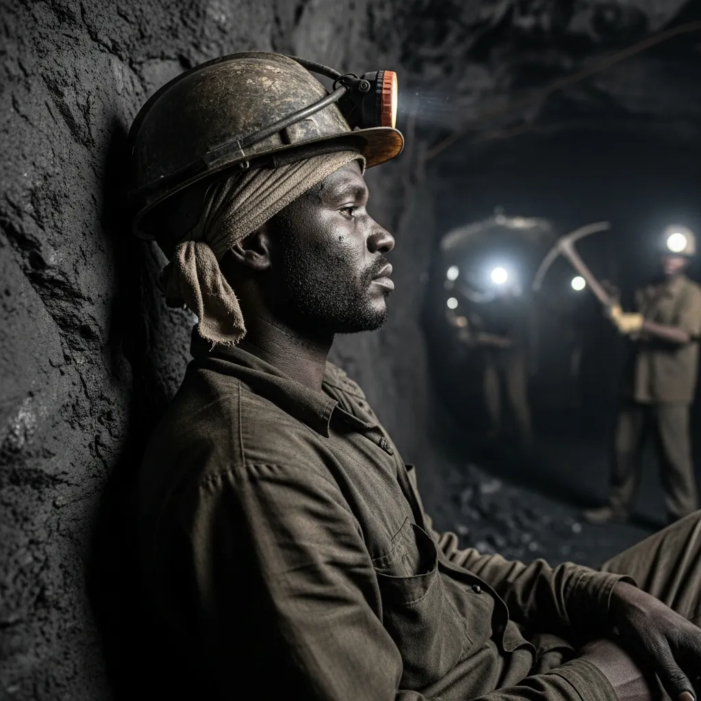 Miner rests against wall, coal dust on skin.
