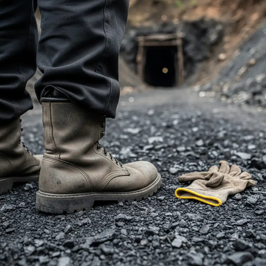 Dusty work boots stand on coal pile at Enugu mine entrance.