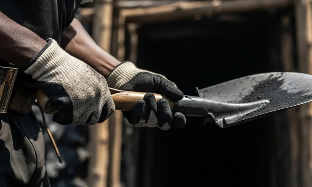 Miner's dust-covered hands grip shovel.