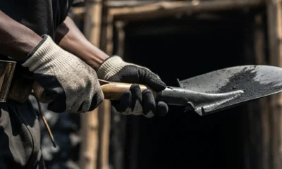Miner's dust-covered hands grip shovel.