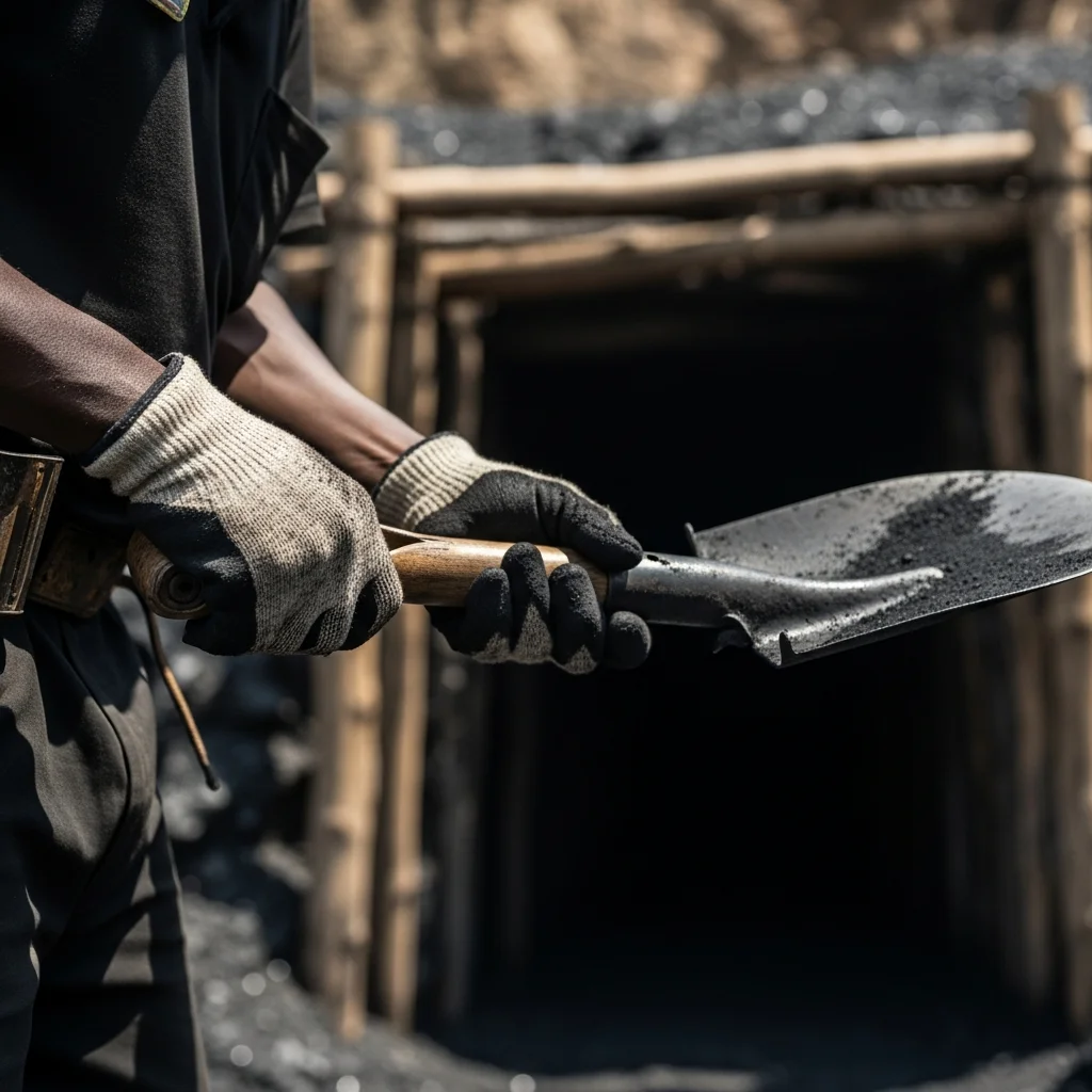 Miner's dust-covered hands grip shovel.