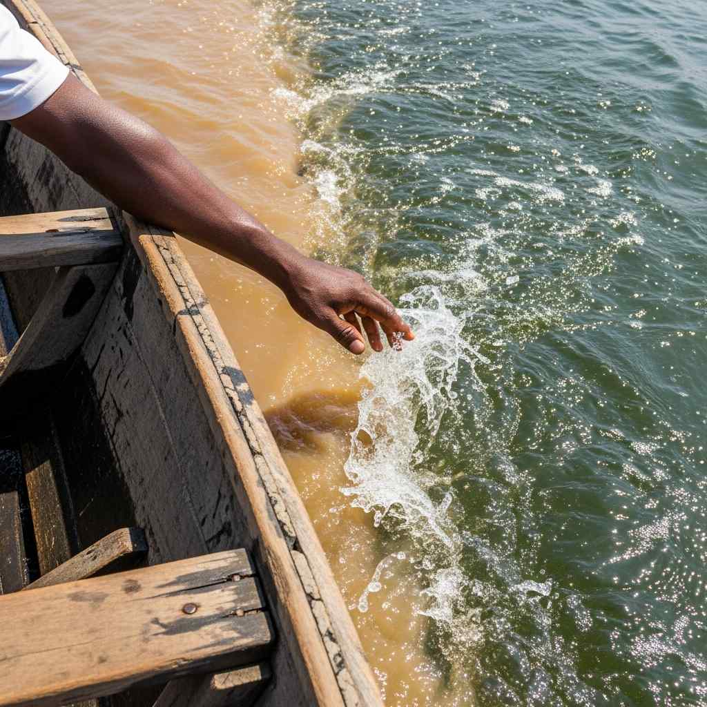 A hand reaches over the side of a wooden boat toward a sharp line separating two colors of river water