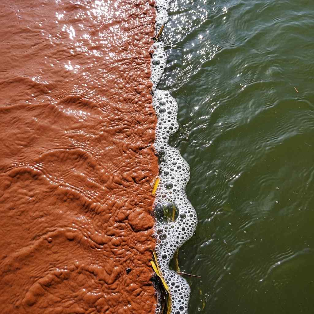 Close-up of reddish-brown and dark green river waters meeting at a distinct line