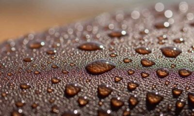 Extreme close-up droplets on dark sk bright sunlight