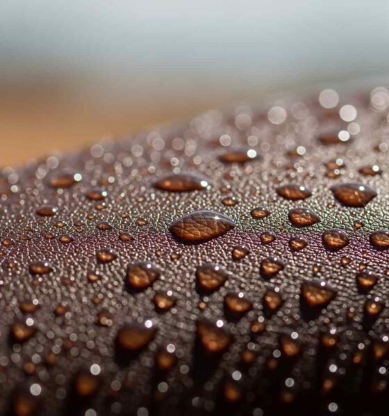 Water droplets on dark skin in sunlight