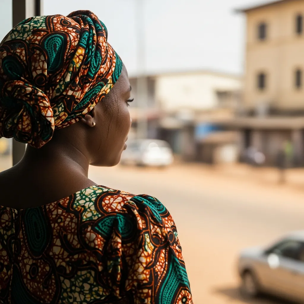 Woman in Ankara dress near window in Port Harcourt.