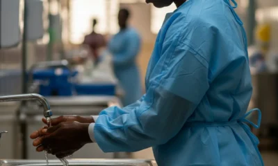 Healthcare worker washes hands in Lagos hospital.
