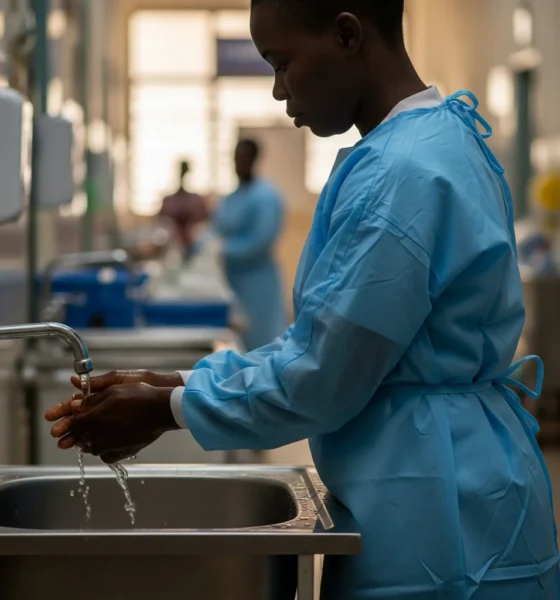 Healthcare worker washes hands in Lagos hospital.