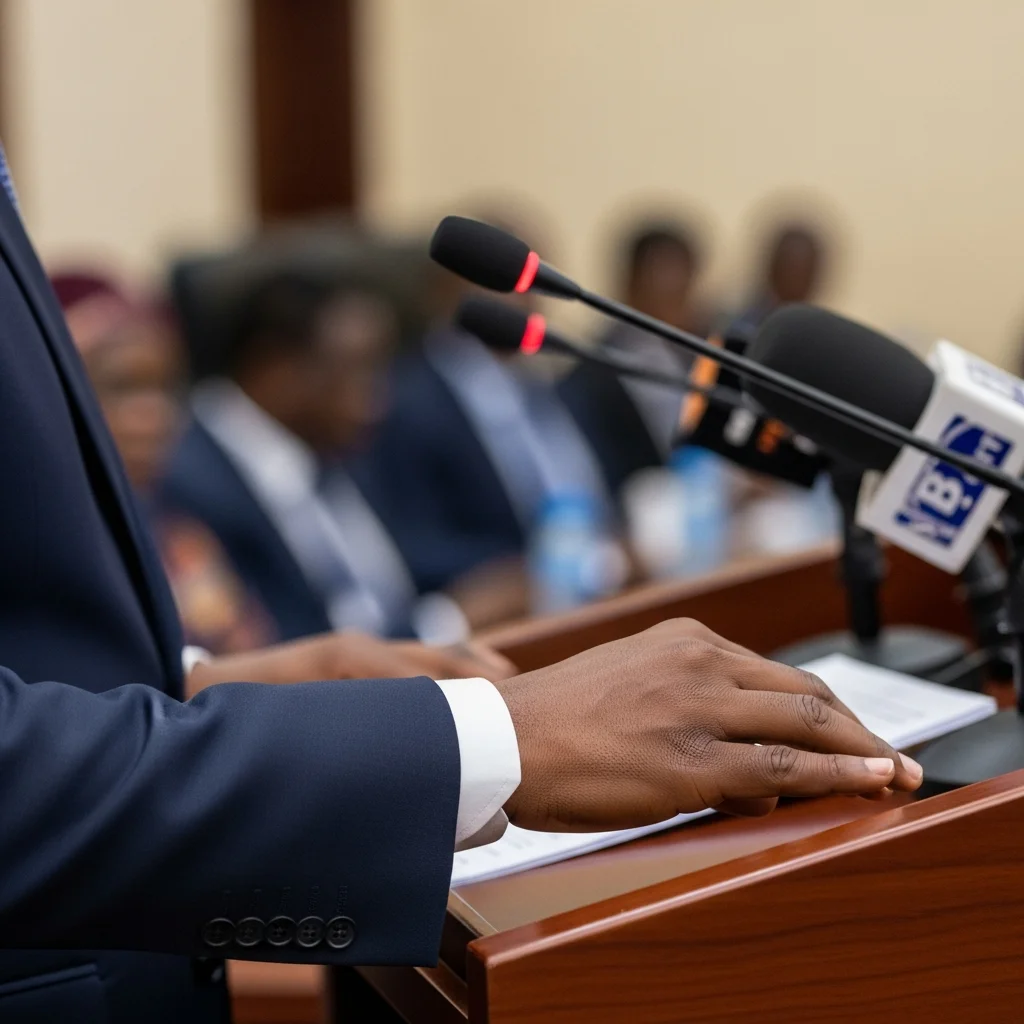 Hand adjusts mic at podium; Nigerian flag blurred.