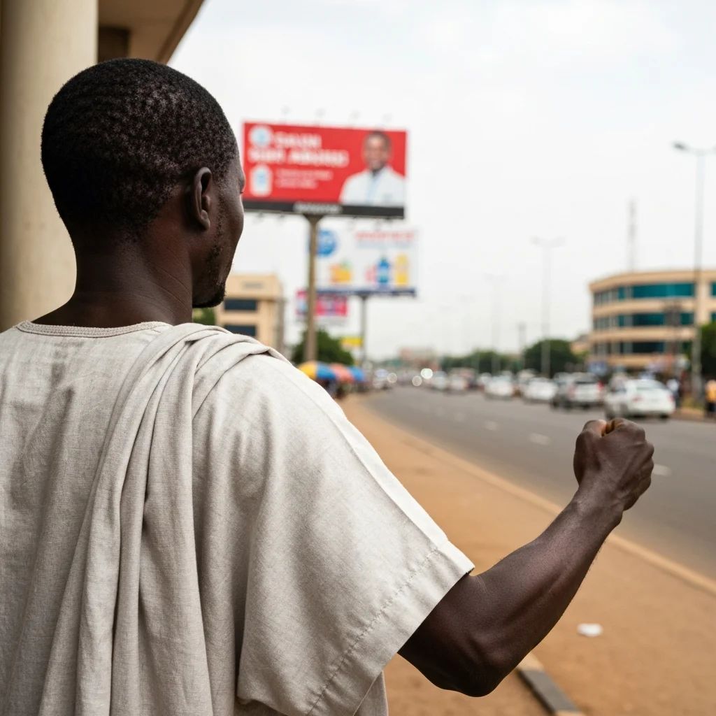 Man looks at Abuja street. Back to camera.