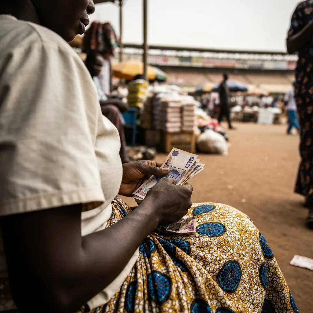 Hands count Naira at roadside stand.