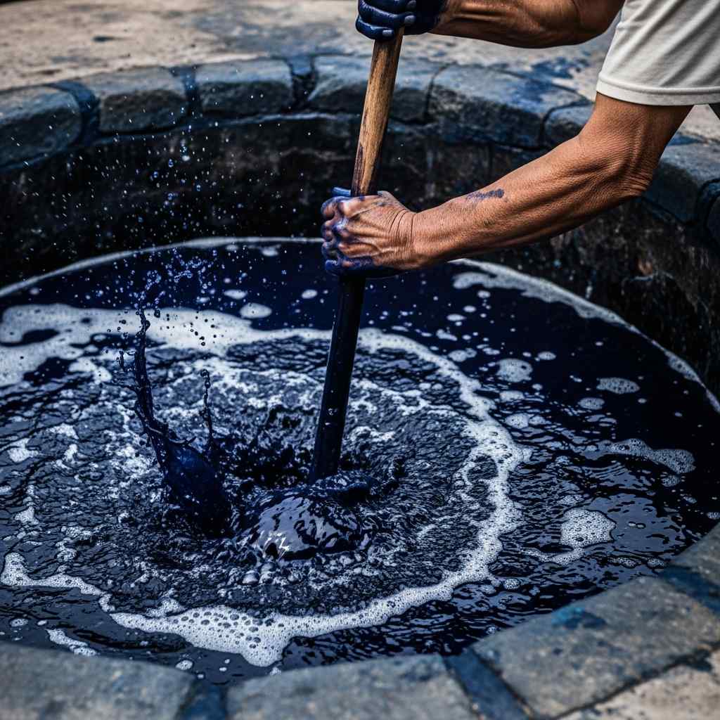 Indigo-stained hands stir a dark blue dye pit with a wooden pole