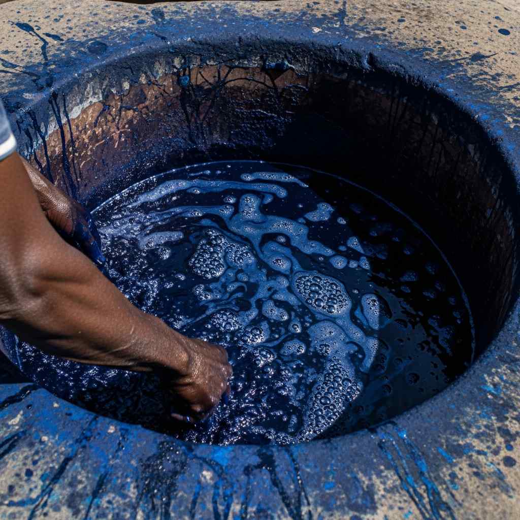 Close-up indigo dye bubbling stone pit with a person's arm stirring the liquid