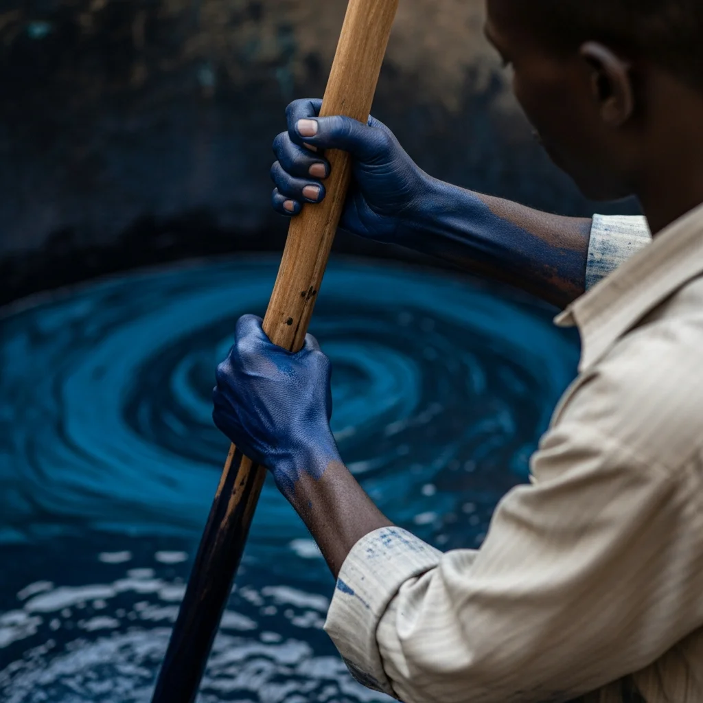 Man's blue-stained hands grip pole in dye pit.