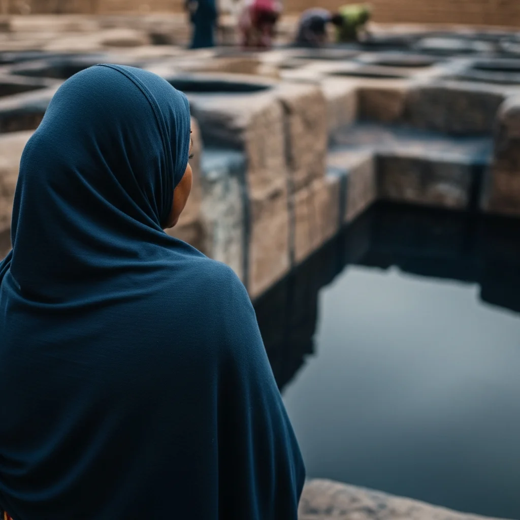 Woman in hijab views indigo dye pits.