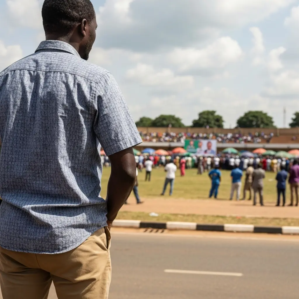 Man watches distant rally.